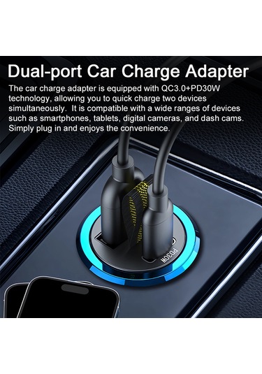Reedark Aracı Şarj Cihazı Pd30w+qc3.0 Çift Portlu Hızlı Şarj Alüminyum Gizli Tip Sigara Çubuğu Arabalarda Kullanıma Uygun Siyah A1