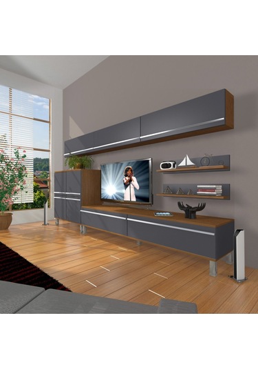 Decoraktiv Eko 8 Mdf Std Krom Ayaklı Tv Ünitesi Tv Sehpası Ceviz - Antrasit