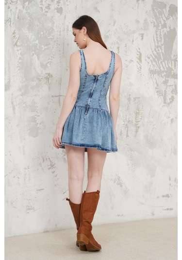 Fırfırlı Denim Kısa Elbise Mavi