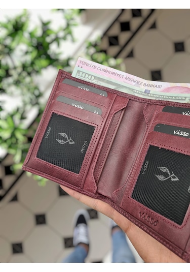 Visso 155 Hakiki Deri Cüzdan Yavru Kartlıklı Tak Çıkar Bordo