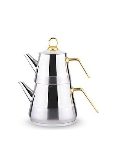 Lines Piramit Çelik Çaydanlık Takımı Altın Kulp Orta Boy