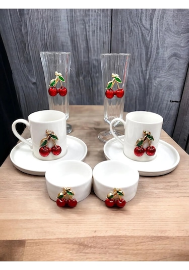 2 Kişilik Porselen Kiraz Fincan Takımı Seti Bardak Lokumluk Set
