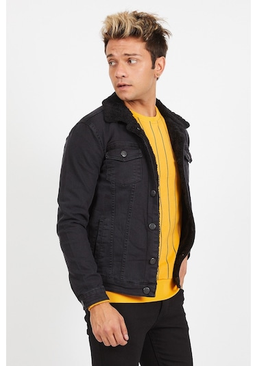 Erkek Siyah Kürklü Füme Renk Eskitmeli Slim Fit Kot Ceket Füme