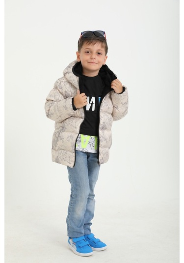 Erkek Çocuk Bej Pusula Desen İçi Polar Su Ve Rüzgar Geçirmez Kapüşonlu Cepli Şişme Kışlık Mont Bej