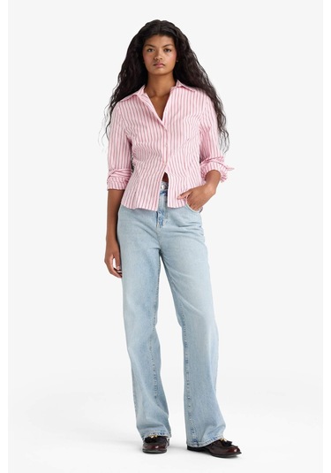 Defacto Fitted Gömlek Yaka Çizgili Poplin Uzun Kollu Gömlek F9209ax25aupn447 Pembe