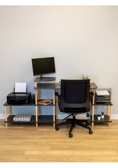 Çalışma Masası 5 Raflı Ahşap Ayaklı Dekoratif Modern Bilgisayar Ofis Masası - Antrasit - Köşe