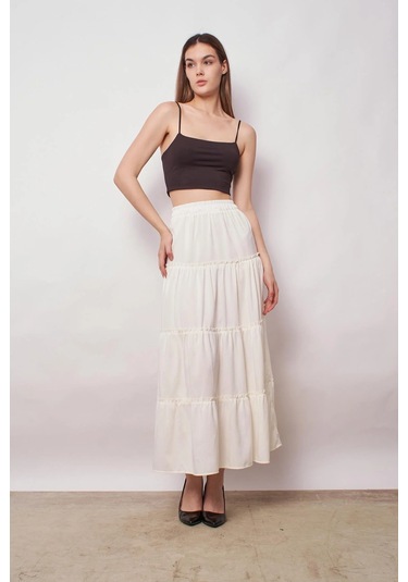Kadın İç Göstermez Midi Boy Fırfırlı Beli Lastikli Etek -krem Krem