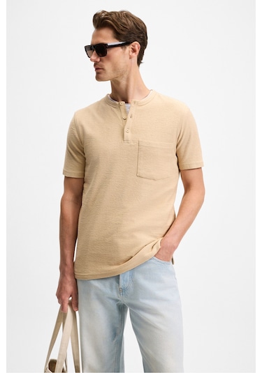 ERMAC Erkek Hakim Yaka Düğmeli Kısa Kol Bej T-Shirt
