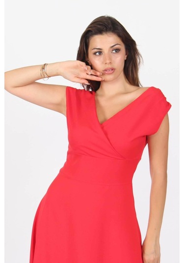 Dipmoda Kadın Omuz Detaylı Kayık Yaka Uzun Abiye Elbise Dp8076 Kırmızı