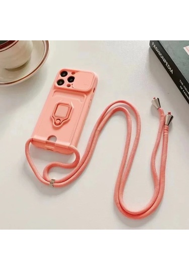 Honeybeeshop Pembe Renk İphone Uyumlu 11 Pro Max Katı Makaron Boyun Askılı Tam Kapak Yumuşak Telefon Kılıf