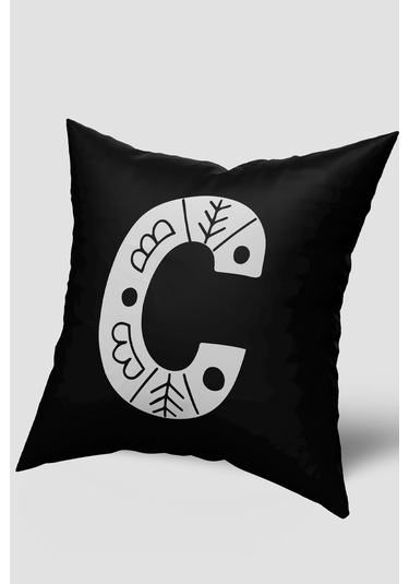 Siyah Beyaz C Harfli Kırlent Kılıfı Siyah