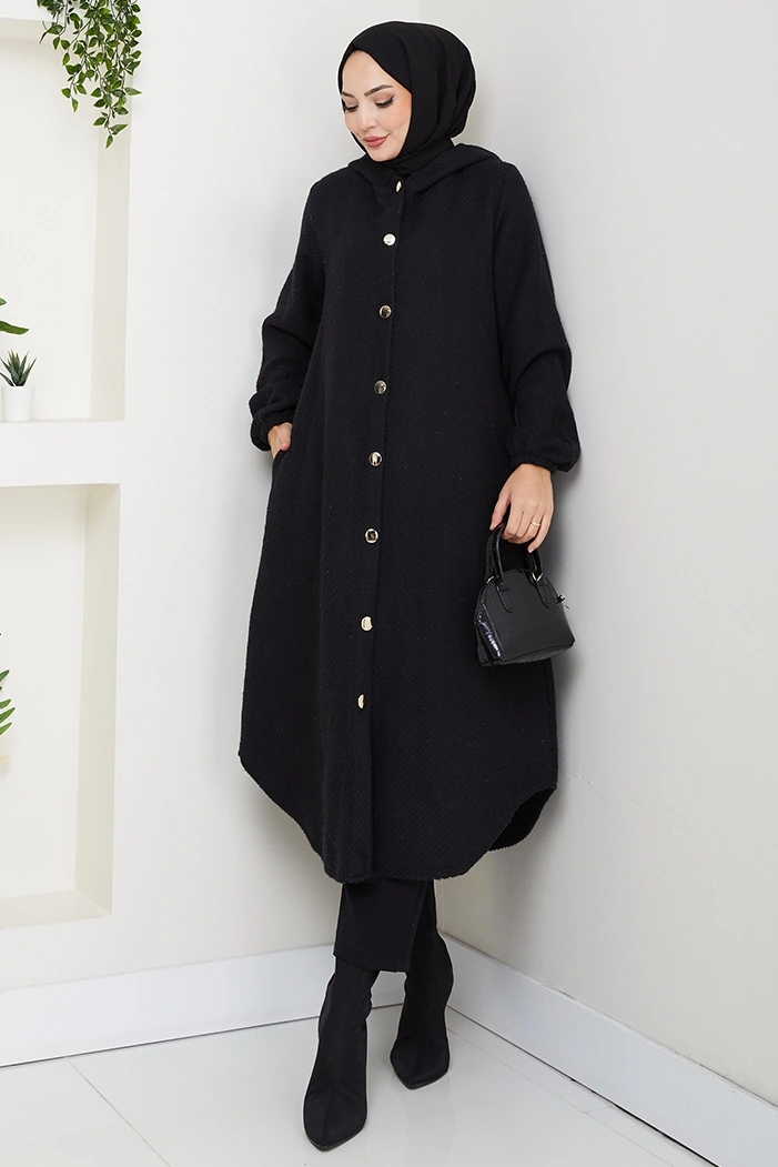 Çizgi Detay Kapüşonlu Kaşe Kap 1634 - Siyah Siyah