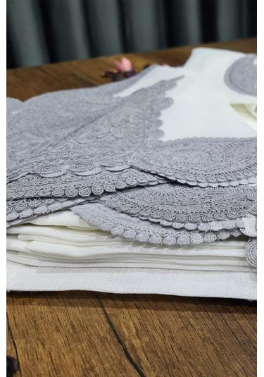 26 Parça Keten Zambak Masa Örtüsü Takımı Krem Gri Krem - Gri