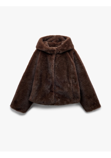 Koton Kapüşonlu Cepli Oversize Suni Kürk Kaban Kahverengi 6wak00206ew Kahve