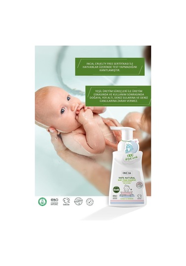INCIA %100 Doğal Organik Sertifikalı Bebek Köpük Şampuanı Saç Vücut Lavanta Konak Önleyici Yenidoğan 200 ml