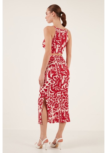 Lela Slim Fit Ip Askılı Yırtmaçlı Midi Alt-Üst Bayan Takım 5865726 Bordo