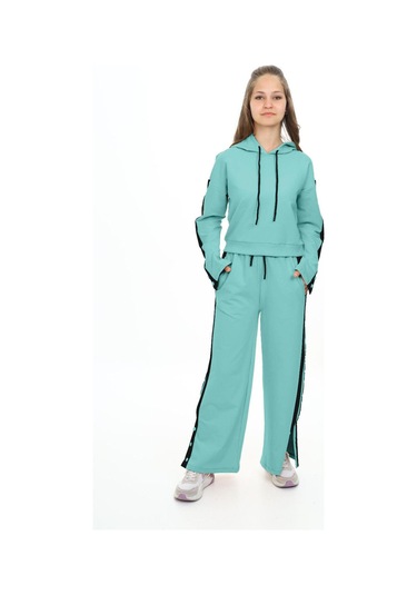 Kız Çocuk %100 Pamuk Kapüşonlu Uzun Kol Oversize Alt&üst Eşofman Takımı-eşt-0020 Mint
