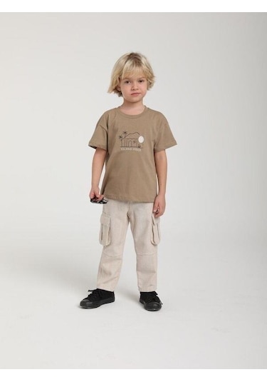 Erkek Çocuk Kargo Cepli Keten Pantolon-15656 Bej