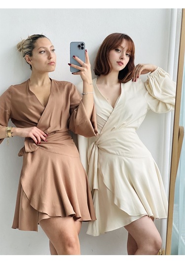 Retrobird Tasarım Ashley Kruvaze Elbise Kadın Ekru