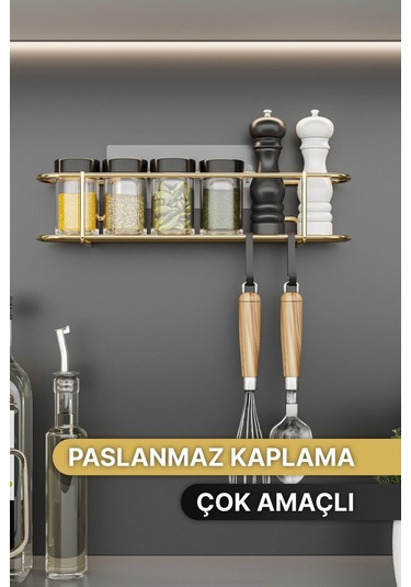 Bino Baharatlık Lüks Metal Gold Mutfak Rafı Banyo Rafı Yapışkanlı Kancalı Şık Tasarım Tuzluk Askılık Çok Renkli