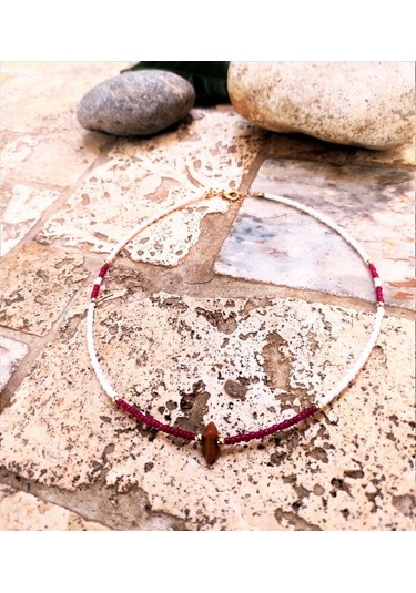 GOLD KAPLAMA SİTRİN TAŞI FUŞYA BONCUK KOLYE-KOL122 Çok Renkli