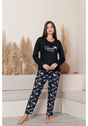 Kadın Bisiklet Yaka Düğmesiz Dökümlü Viskon Mevsimlik Uzun Kol Cepli Pijama Takımı Siyah