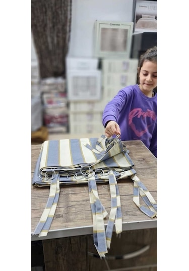 Devrim Olivya Tekstil Gri-krem Çizgili Özel Dikim Lüks Halkalı Branda Balkon Perdesi Gri - Krem