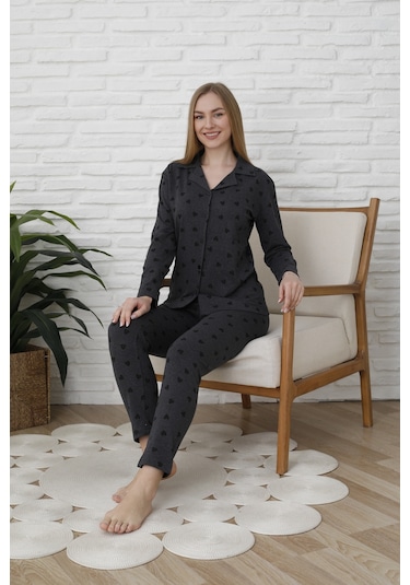 Fames Pijama Uzunkol Düğmeli Penye Pijama Takimi Kalpli Siyah