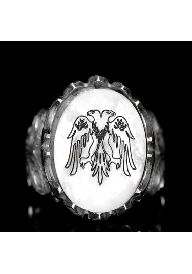 925 Ayar Gümüş Erkek Yüzük - 5.30 Karat Doğal İnci Taşı, Çift Başlı Kartal Tasarımı Gümüş