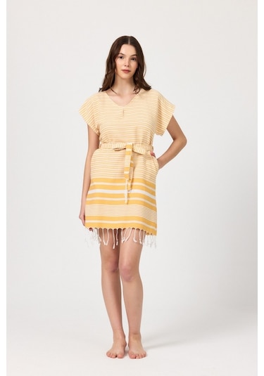 Mulberry Katya Plaj Elbisesi Tunik Pareo %100 Pamuk Sarı - Mor