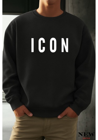 Icon Baskılı Bisiklet Yaka Sweatshirt Siyah