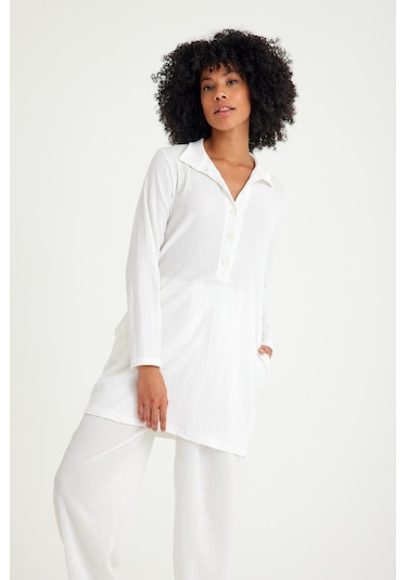 Barbora Günlük Rahat Baharlık Salaş Gömlek Yaka Elbise Bt405beyaz5 001