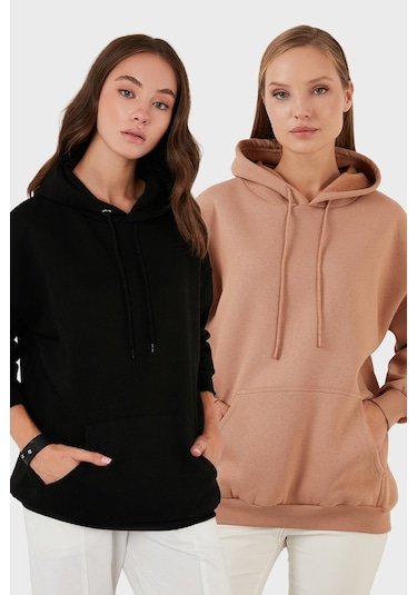Lela Regular Fit Pamuklu Kapüşonlu Yaka Şardonlu Kışlık 2'Li Paket Bayan Sweat 5863854S2 Siyah-Bisküvi