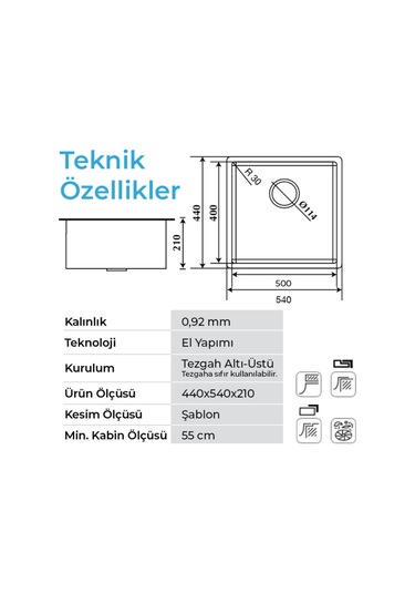 Crauf Venüs 3049 Mat Inox 50x40 Tezgah Altı Paslanmaz Çelik Mutfak Eviyesi Mat Inox