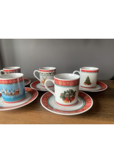 Yeni Yıl-noel Karışık Model 12 Parça 6 Kişilik Porselen Türk Kahvesi Fincan Takımı Çok Renkli