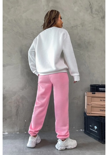 Modagen Kadın Pembe Beyaz Brooklyn Baskı Oversize Bisiklet Yaka Alt Üst Eşofman Takımı Pembebeyaz