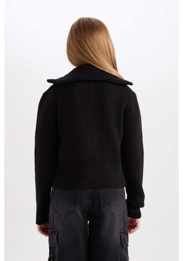 DeFacto Kız Çocuk Basic Düz Dik Yaka Fermuarlı Siyah Triko Hırka C9557A824WNBK27 Siyah