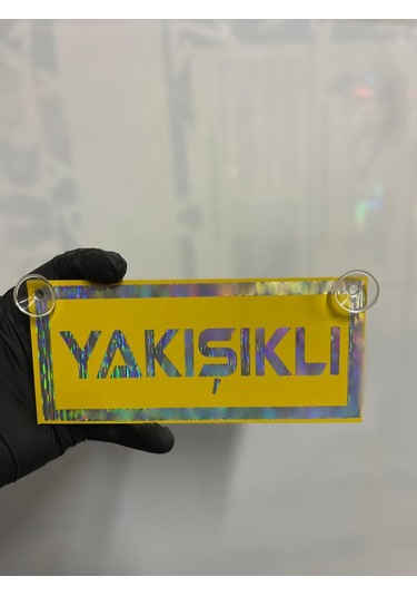 Sarı Renk Üzeri Hologram Renk Yakışıklı Yazılı Vantuzlu Cam Süsü
