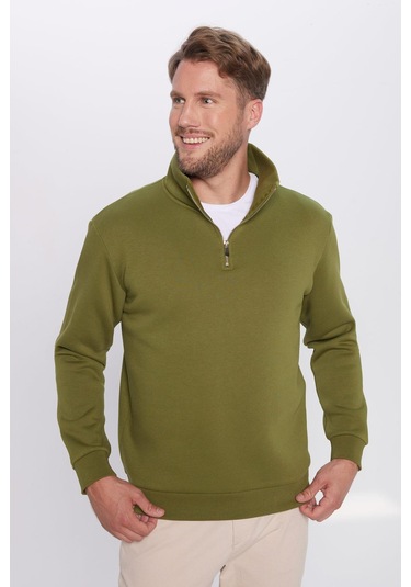 Unisex Relax Fit Rahat Kesim Pamuklu İçi Polarlı Yarım Fermuarlı Haki Dik Yaka Sweatshirt-31452 Haki