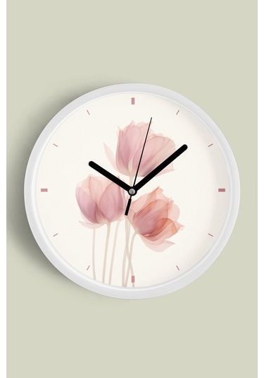 Gül Çiçek Tasarım Modern Duvar Saati - 35cm - Önü Camlı Beyaz Kasa - Sessiz Mekanizma Beyaz