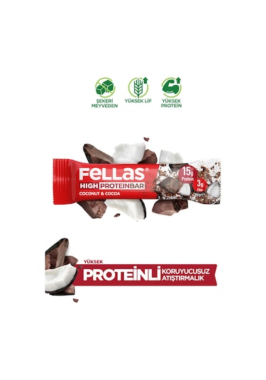Fellas Yüksek Protein Bar - Hindistan Cevizi 45g x 12 Adet