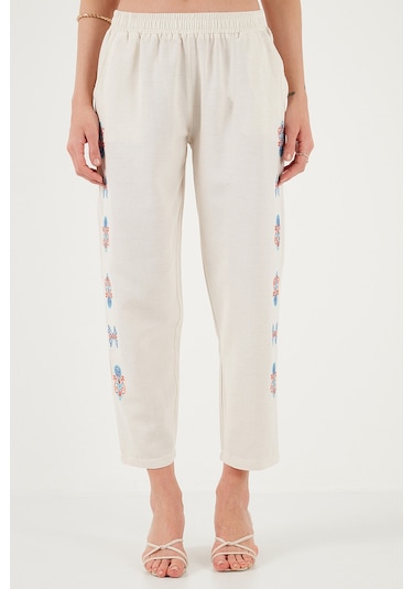 Lela Bohem Işlemeli Keten Ve Pamuk Karışımlı Şalvar Bayan Pantolon 5865050 Bej-Oranj