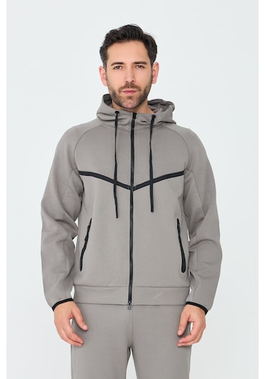 White Stone Gri Cepli Kapüşonlu Fermuarlı Erkek Sweatshirt Grey