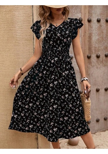Kadın Kısa Kollu V Yakalı Beli Lastikli Çiçek Desenli Süprem Elbise Siyah