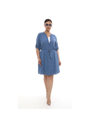 Büyük Beden Kadın Astarlı Müslin Kumaş Düğmeli Cepli Etek İndigo Mavi