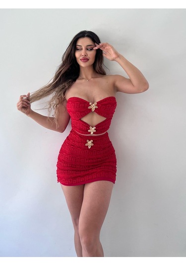 Kırmızı Dantel Strablez Tokalı Etekli İkili Takım Kırmızı