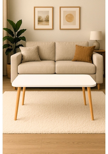 Dekoratif Orta Sehpa Ahşap Ayaklı Şık Tasarım Beyaz