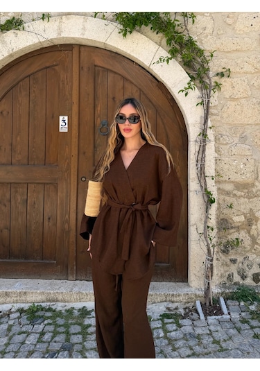 Laluvia Kahverengi Tek Düğmeli Kuşaklı Kimono Takım - 007