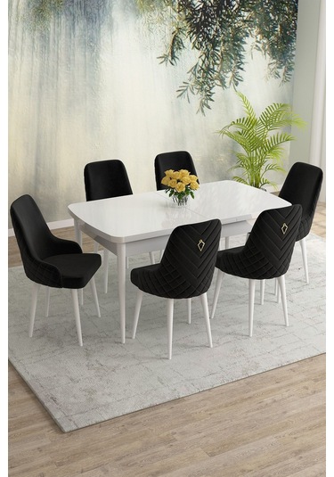 Meri Serisi Beyaz 80x132 Açılabilir Mdf Masa Yemek Odası Takımı, Mutfak Masa Takımı 6 Adet Sandalye Siyah Meri Serisi Beyaz 80x132 Açılabilir Mdf Masa Yemek Odası Takımı, Mutfak Masa Takımı 6 Adet Sandalye Siyah