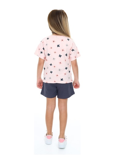 Toontoy Kız Çocuk Garni Komple Çiçek Baskılı Şortlu Takım Pudra